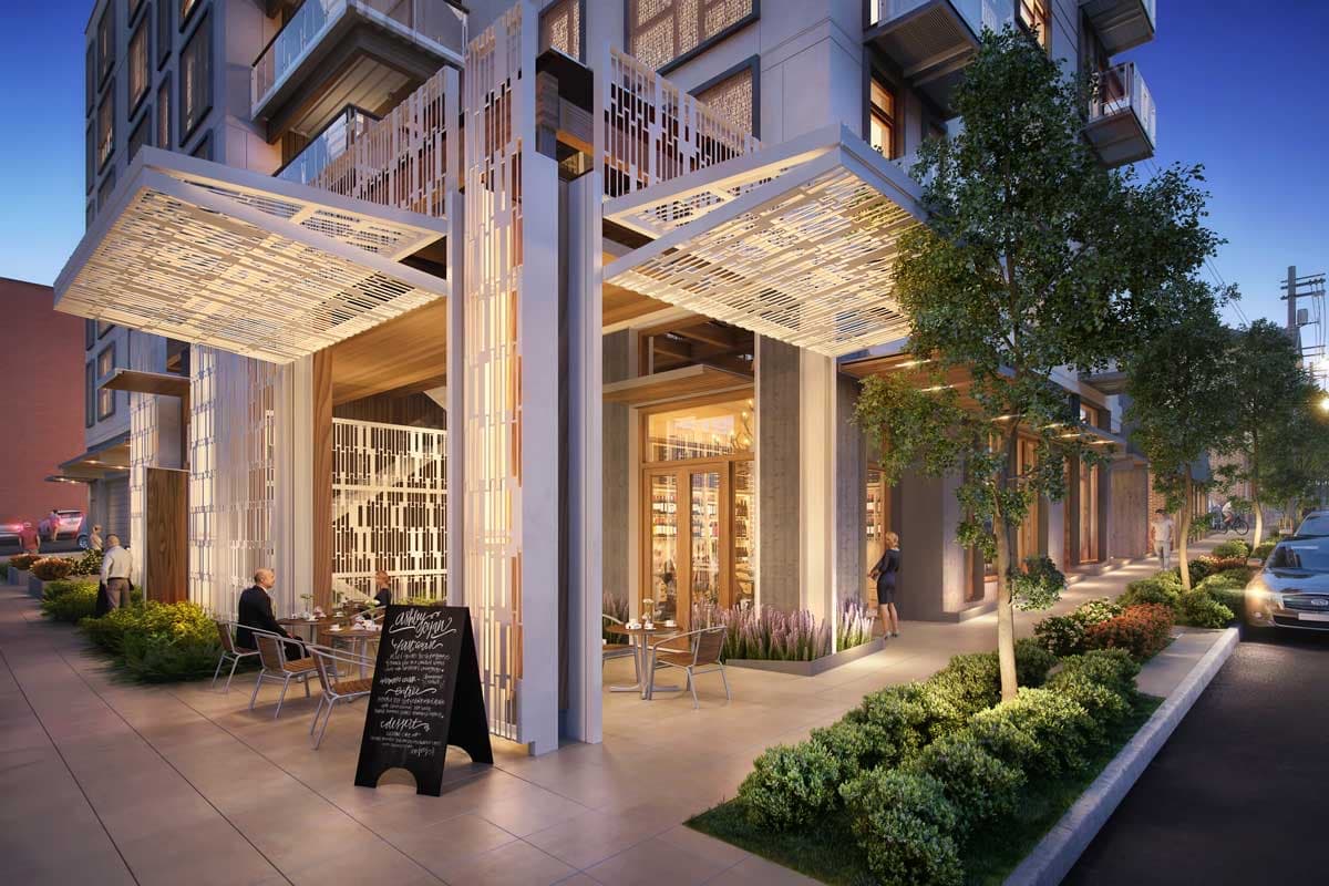 Rendering of the Solis entry on Capitol Hill, Seattle, with decorative canopies, café seating and street plantings
