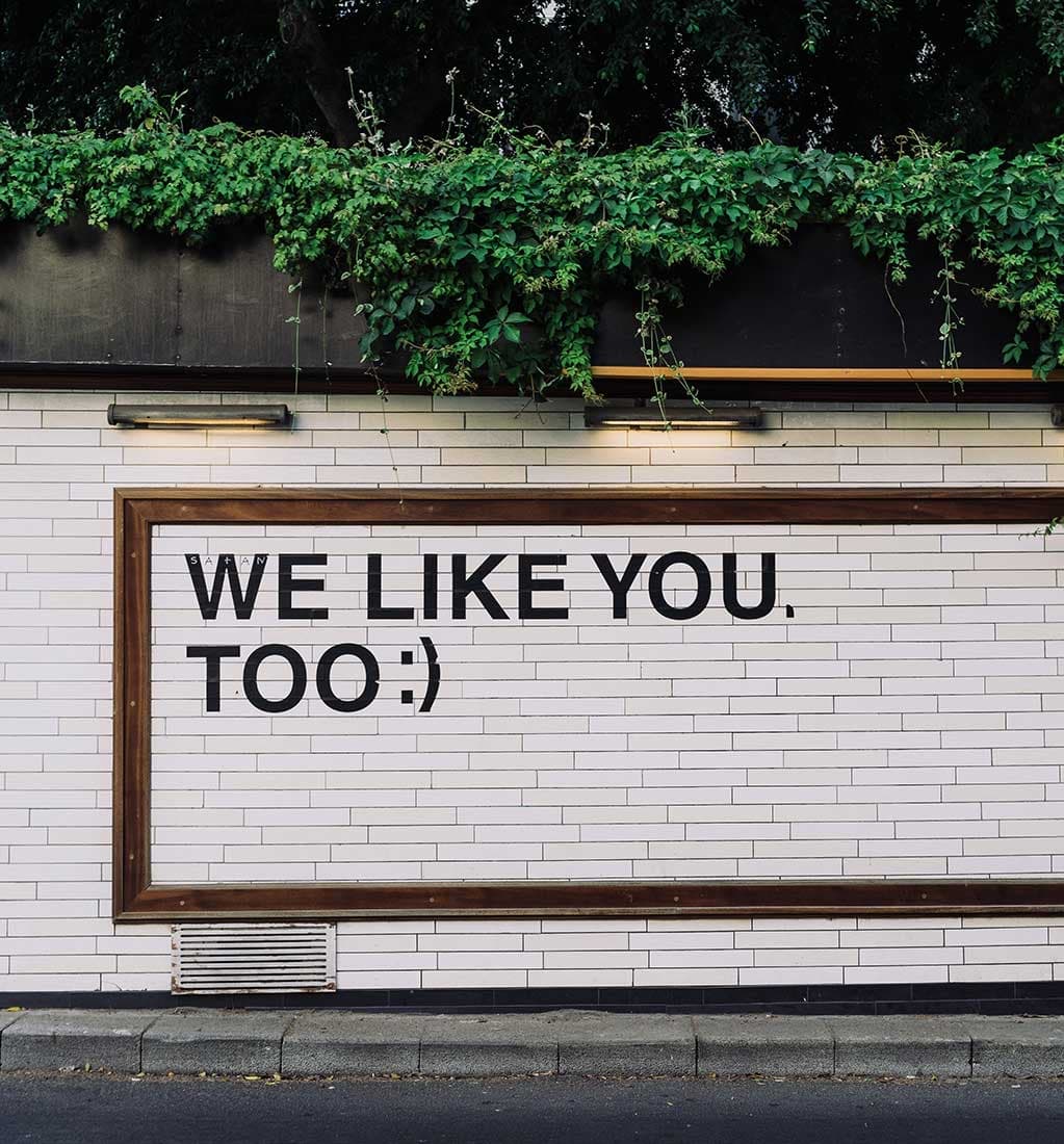 A white brick wall under trailing ivy with a sign that reads "We like you, too :)"